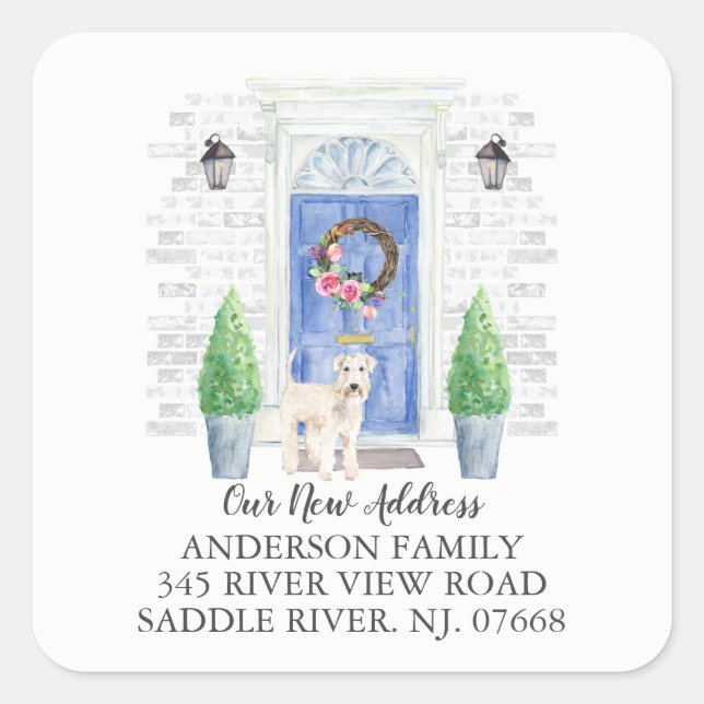 Ny adress etikett för Wheaten Terrier Blue Door (Framsida)