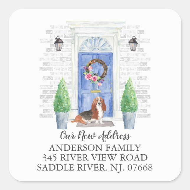 Ny adress etikettstämpel för Basset Hound Blue Doo Fyrkantigt Klistermärke (Framsida)