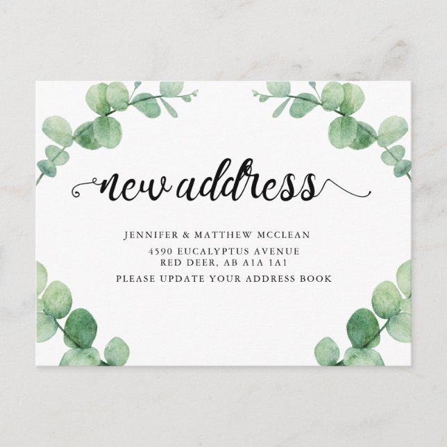 Ny adress Eukalyptus Löv botaniska kalligrafi Vykort (Framsida)