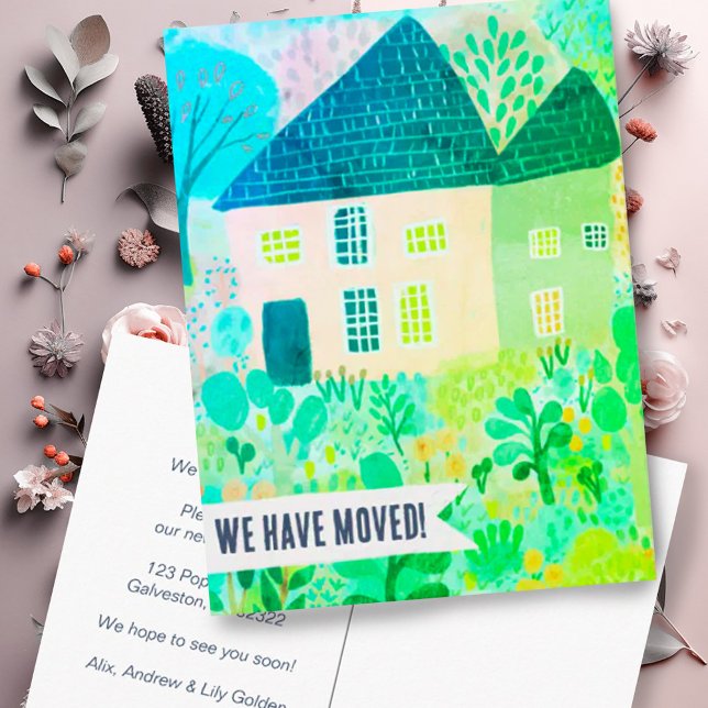 Ny adress Flytt tillkännagivande Ändra adress Kära (Moving announcement address change postcard with watercolor house and garden. Customize it!)