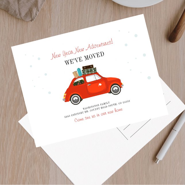NY ADRESS FLYTTA i ÄVENTYR Meddelande Vykort (Modern New Year Adventures Red Car Moving Announcement)