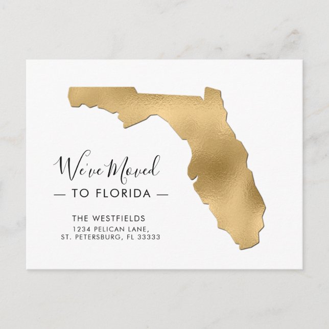 Ny adress Flytta i Gold Foil Florida Karta Meddelande Vykort (Framsida)