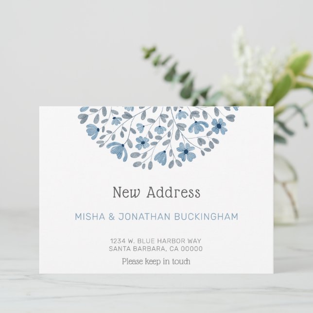 Ny adress Flytta med enkel blå Blommigt vattenfärg Meddelande (Stående Fram)