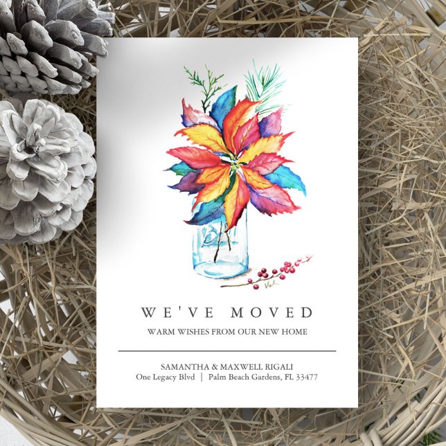 Ny adress Flytta Meddelande om vattenfärg (Christmas moving announcement watercolor poinsettia by Victoria Grigaliunas of Do Tell A Belle)