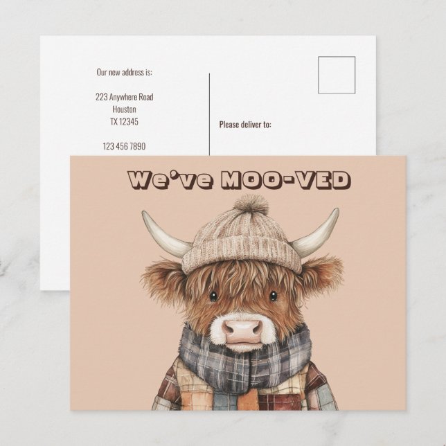 Ny adress för roligt Highland Cow Cream Vykort (Fram/baksida)