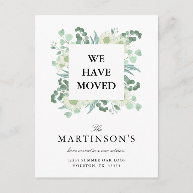 Ny adress för vattenfärgen Eucalyptus Vi har flytt Vykort (Framsida)