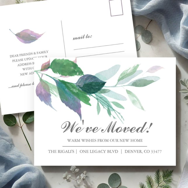 Ny adress förändring av meddelandet om Flytta i Ad Vykort (Moving announcement postcards watercolor leaves)