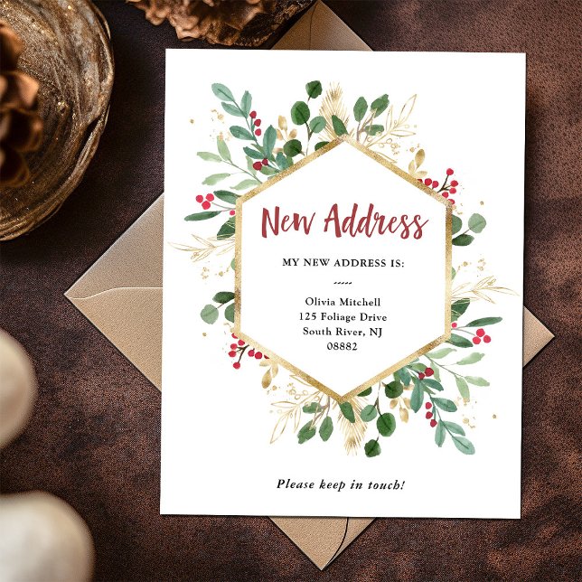Ny adress | Jul Gilded Greenery White Vykort (Gilded greenery on white Christmas change of address postcard)