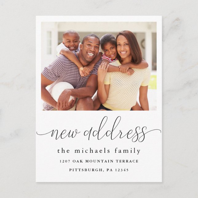 Ny adress kalligrafi foto adressändring meddelande vykort (Framsida)