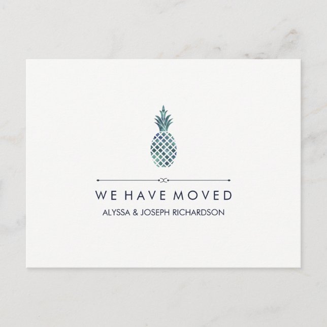 Ny adress med blå vattenfärgsutseende ananas meddelande vykort (Framsida)