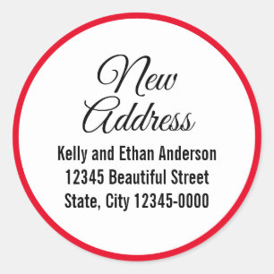Ny adress Red White Black Script Flytta Announce Runt Klistermärke
