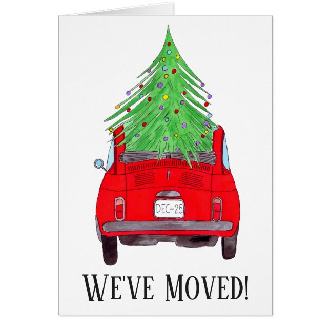 Ny adress rödbil med Julgran Hälsningskort (Framsidan)
