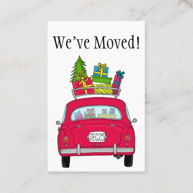 Ny adress rödbil med julklappar visitkort (Framsida)