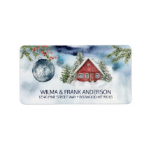 ny adress rödbrun i Snö med blå ornament