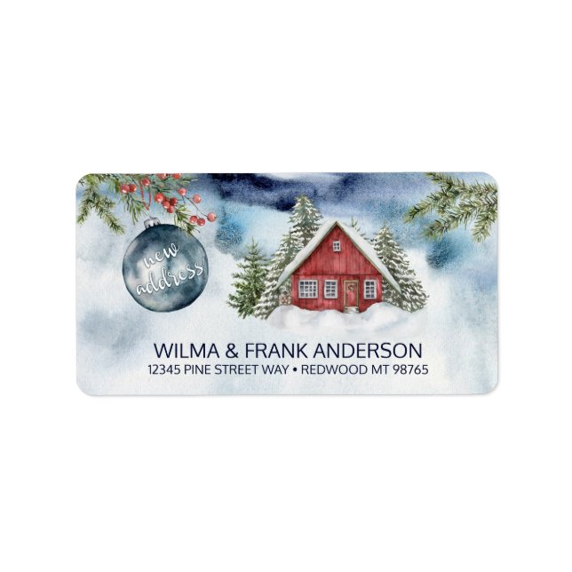 ny adress rödbrun i Snö med blå ornament Adressetikett (Framsidan)