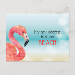 Ny adress Rosa Flamingo på Bokeh Beach Flytta Meddelande Vykort
