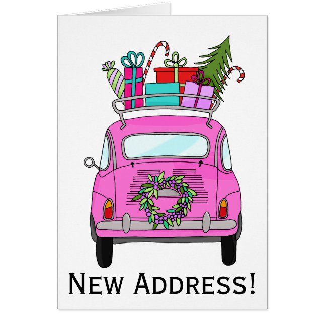 Ny adress Rosa Retro Fiat 500 julklappar Hälsningskort (Framsidan)