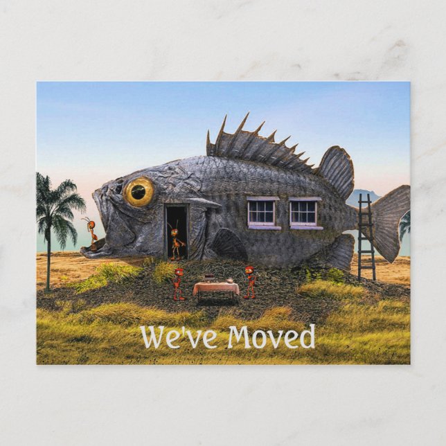 Ny adress vykort med fisk och myror vid strand (Framsida)