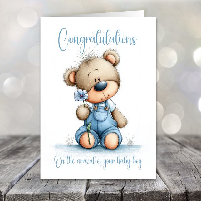 Ny Baby Pojke Grattis Teddybjörn Kort (Skapare uppladdad)