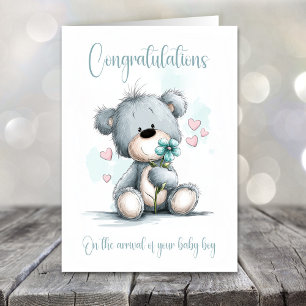 Ny Baby Pojke Grattis Teddybjörn Kort