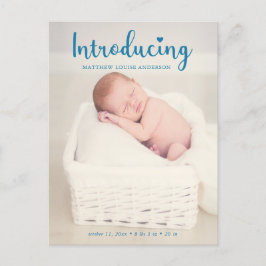 Ny Baby Pojke Presenterar Blå Elegant Modern Foto Meddelande Vykort