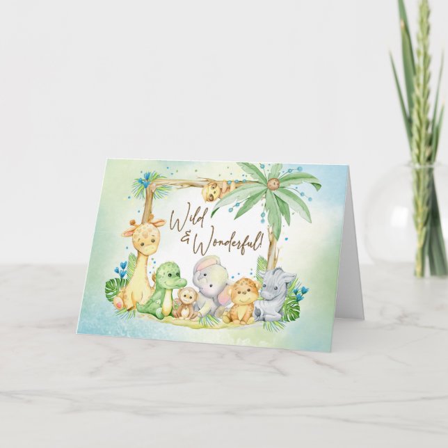 Ny Baby Pojke Safari Djur Vilda och Underbara Kort (Framsida)