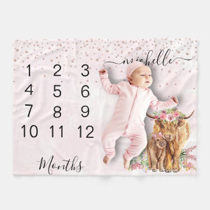 Ny baby spädbarn milstolpe Highland ko rosa Fleecefilt