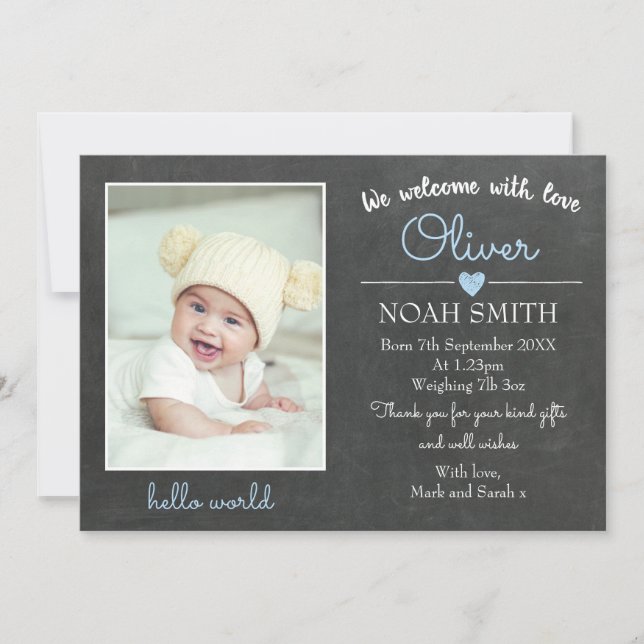 Ny babykille födelsekort/tackkort meddelande (Framsida)