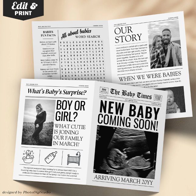 Ny Bebis Annonskort | Tidning Bebis på Väg Kort (New Baby Announcement Card | Newspaper Baby Coming)