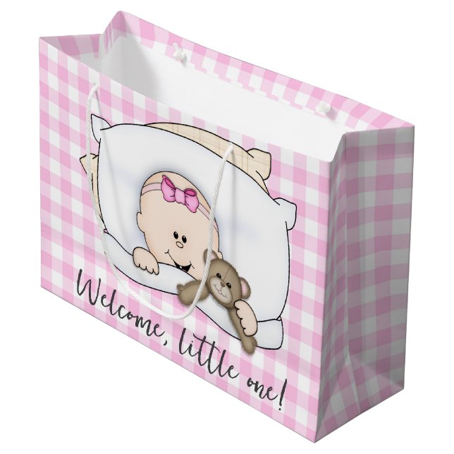 Ny Bebis Flicka Med Teddybjörn På Gingham (Framsidan Vinklad)