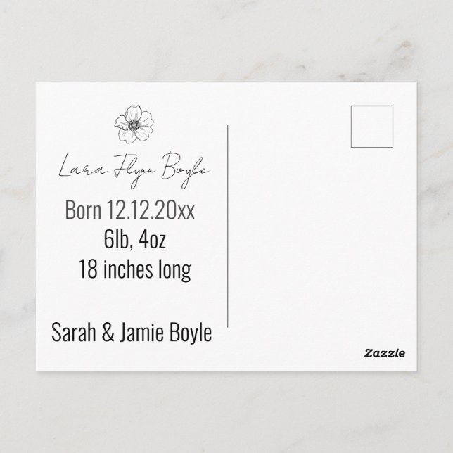 ny bebis flicka rosa, välkommen födelse kungörelse vykort (Baksida)