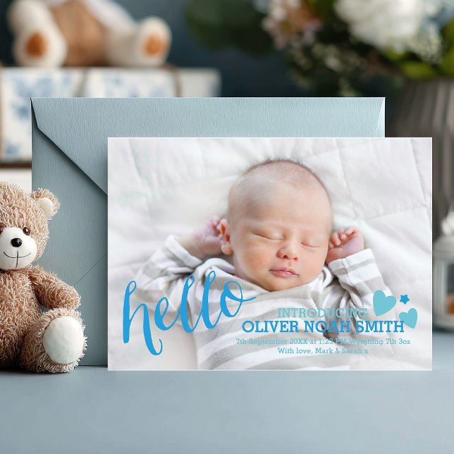 Ny bebis pojke ankomstkort/tackkort tack kort (Hello, little one 💙 Share your joy with this charming blue photo birth announcement card.)
