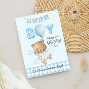 Ny bebis pojke Teddybjörn med ballonger Kort