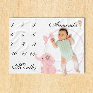 Ny Bebis Spädbarn Milstolpe Rosa Elefant Rosa Foto Fleecefilt