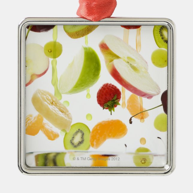 Ny blandad frukt med äpple- & orangefruktsaft julgransprydnad metall (Framsidan)