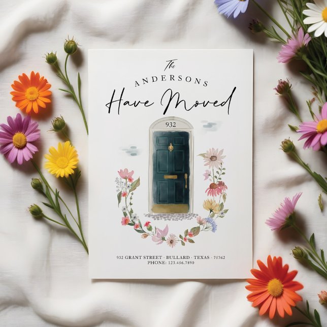 Ny Blommigt för vattenfärgen Grönt Dörr Wildblomma Meddelande (New Home Green Watercolor Door Wildflower Floral Announcement)