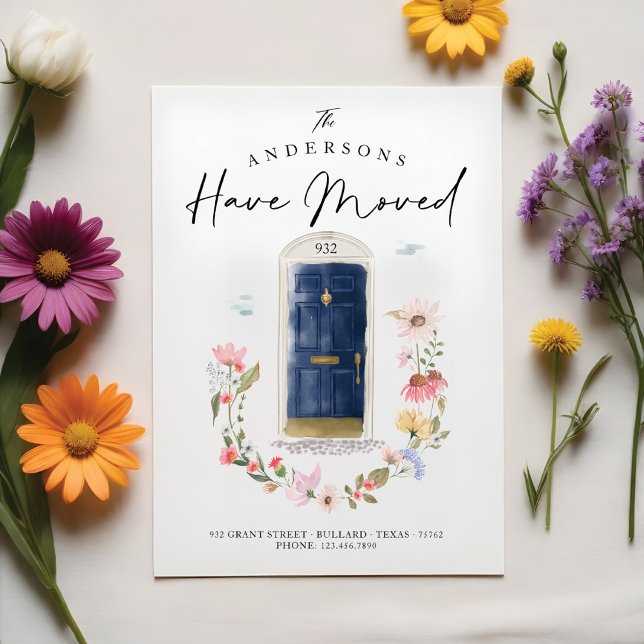 Ny Blommigt för vattenfärgsdörr för hemmet, Wildbl Meddelande (New Home Navy Watercolor Door Wildflower Floral Announcement)