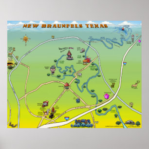 Ny Braunfels Texas tecknadkarta Poster