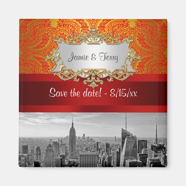 NY City Skyline BW 112 Red Guld Paisley Spara Date Magnet (Framsidan)
