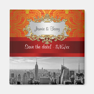 NY City Skyline BW 112 Röd Guld Paisley Spara datu Magnet