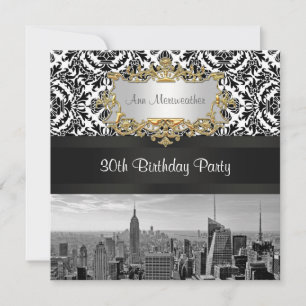 NY City Skyline BW 431 Damask Födelsedagsfest Inbjudningar