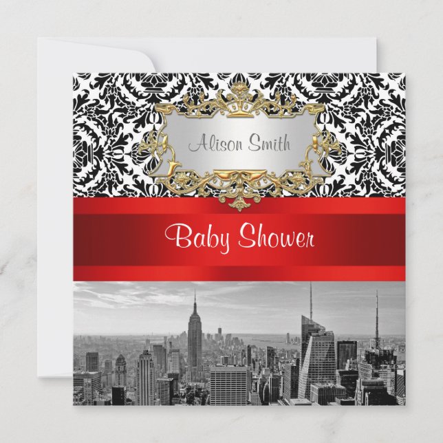 NY City Skyline BW 432 Damask Baby Shower Inbjudan (Framsida)