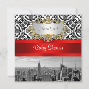 NY City Skyline BW 432 Damask Baby Shower-inbjudan Inbjudningar