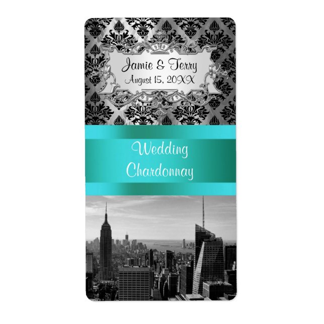NY City Skyline BW B3 Damask F2 - Vin-etikett Fraktsedel (Framsidan)