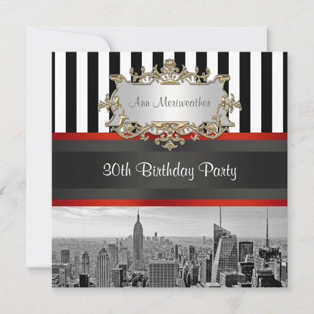 NY City Skyline BW Black White Rand Birthday Inbjudningar (Framsida)