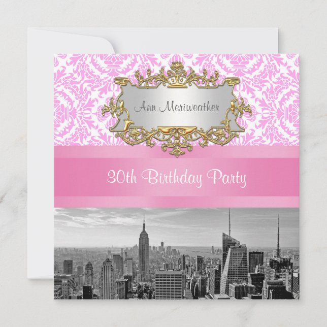 NY City Skyline BW D4P Rosa Damask Födelsedagsfest Inbjudningar (Framsida)