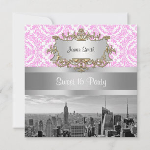 NY City Skyline BW D4P Rosa Vitt Damask Inbjudningar