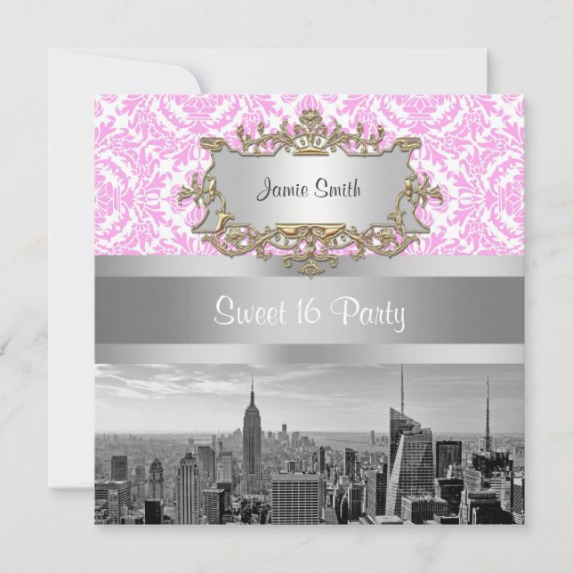 NY City Skyline BW D4P Rosa White Damask Inbjudningar (Framsida)