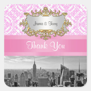 NY City Skyline BW D4P Rosa White Damask Tack Fyrkantigt Klistermärke