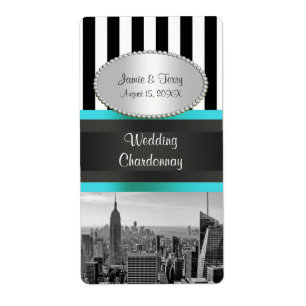 NY City Skyline BW Rand Teal P Party Vin-etikett Fraktsedel